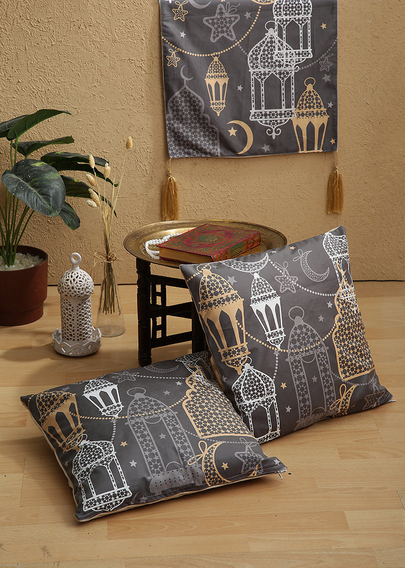 Dark Grey Printing Velvet Ramadan Table Runner with 2 Cushions Cover