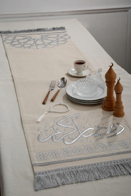 Arabesque Silver Embroidery Ramadan Table Runner