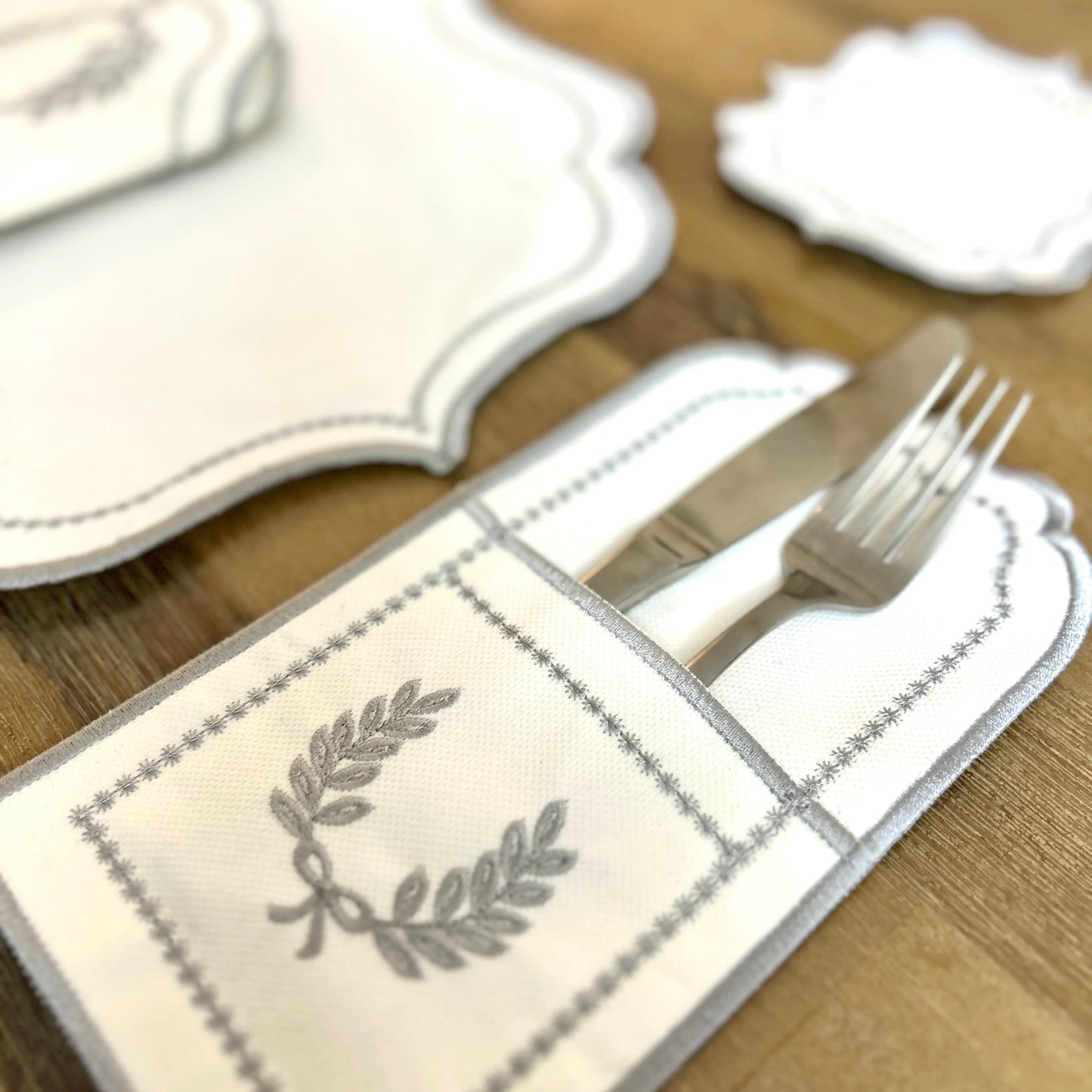 Royal Silver Embroidered Placemats & Napkins Set, Dinner Set