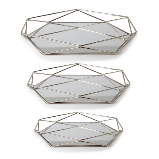 Silver Haxagonal Prism Metal Serving Tray Oval