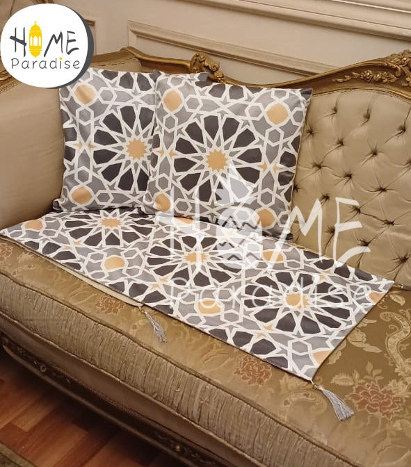 Ramadan Pattern Printing Velvet Table Runner with 2 Cushions Cover