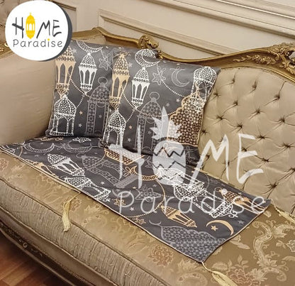 Dark Grey Printing Velvet Ramadan Table Runner with 2 Cushions Cover