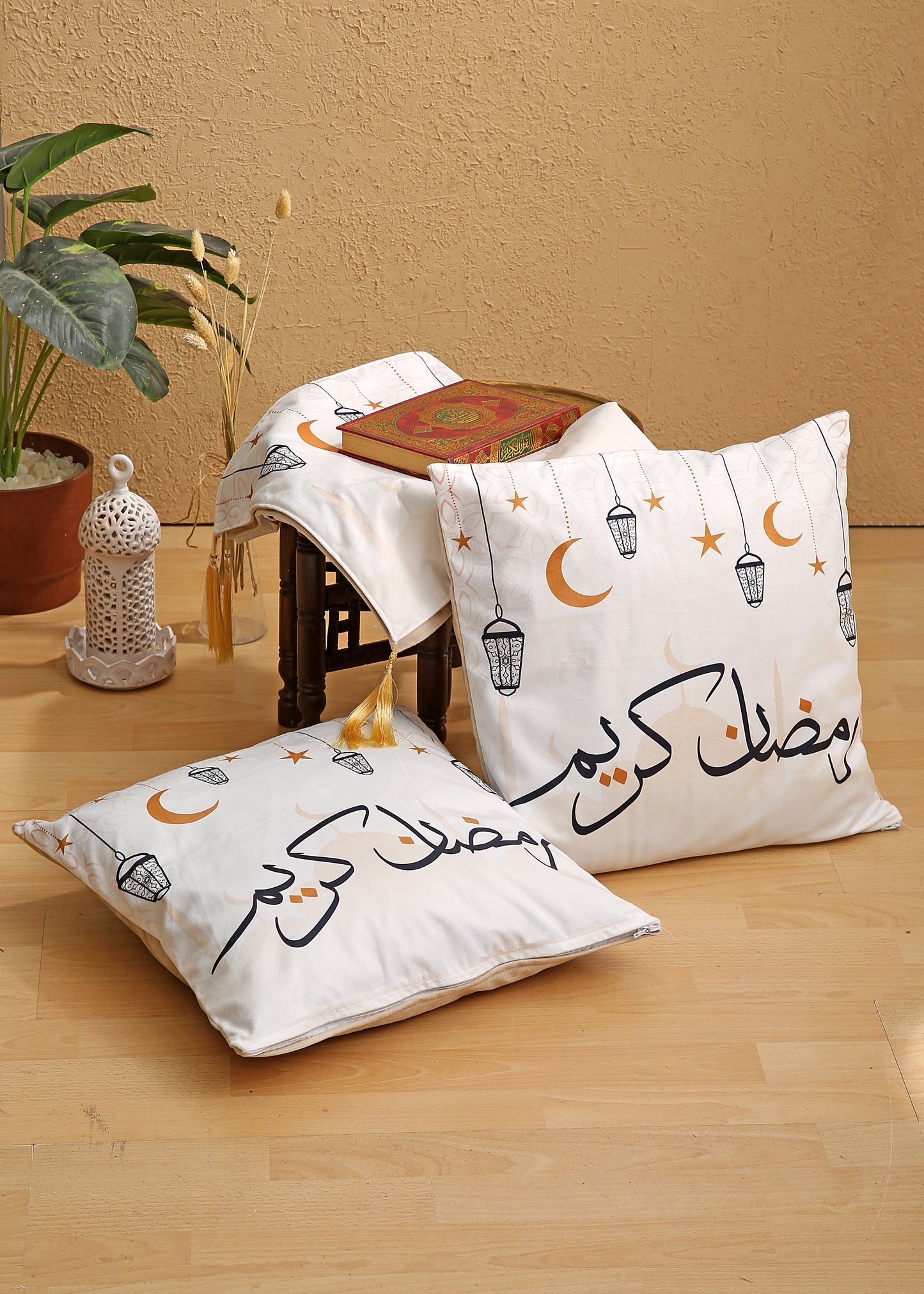 Ramadan Kareem Simple Printing Velvet Table Runner with 2 Cushions Cover
