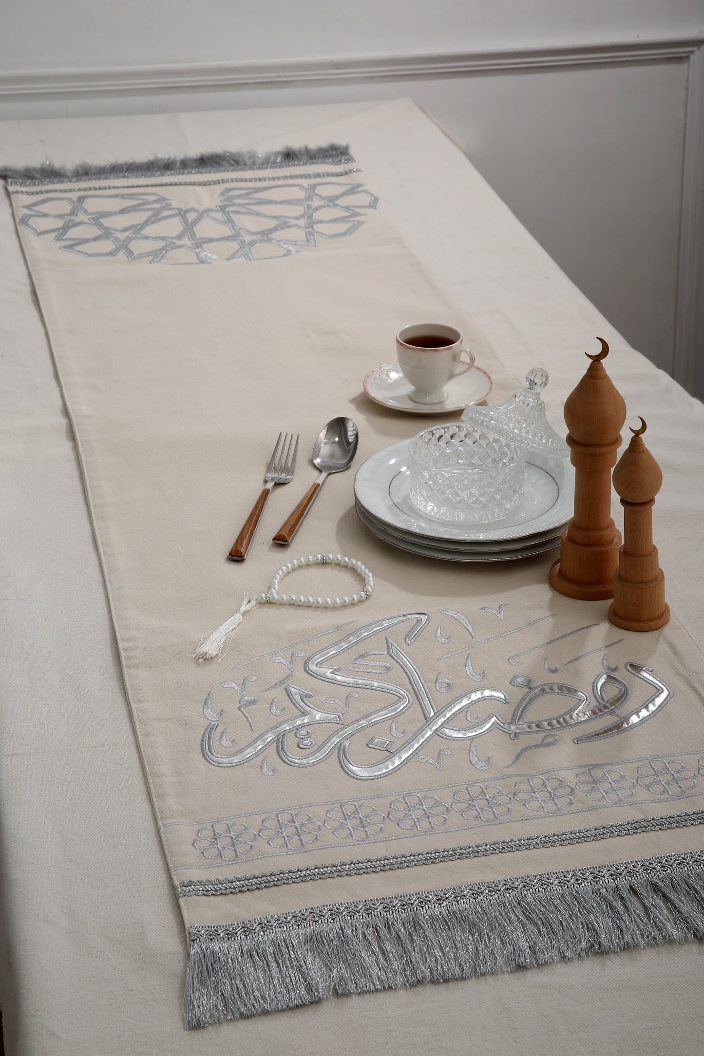 Arabesque Silver Embroidery Table Runner & Cushions Cover