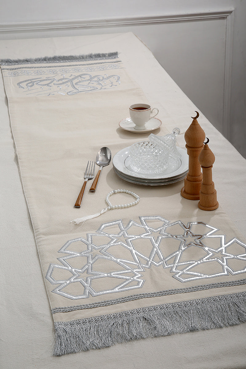 Arabesque Silver Embroidery Table Runner & Cushions Cover