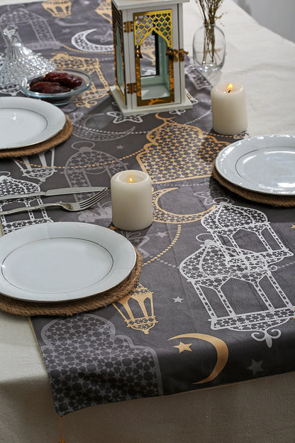 Dark Grey Printing Velvet Ramadan Table Runner with 2 Cushions Cover