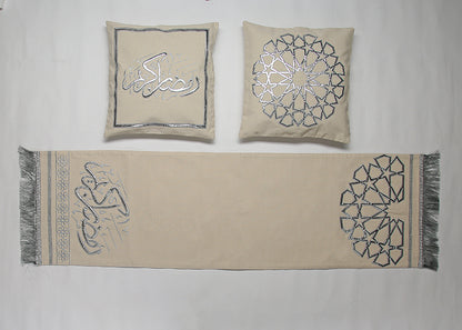 Arabesque Silver Embroidery Table Runner & Cushions Cover