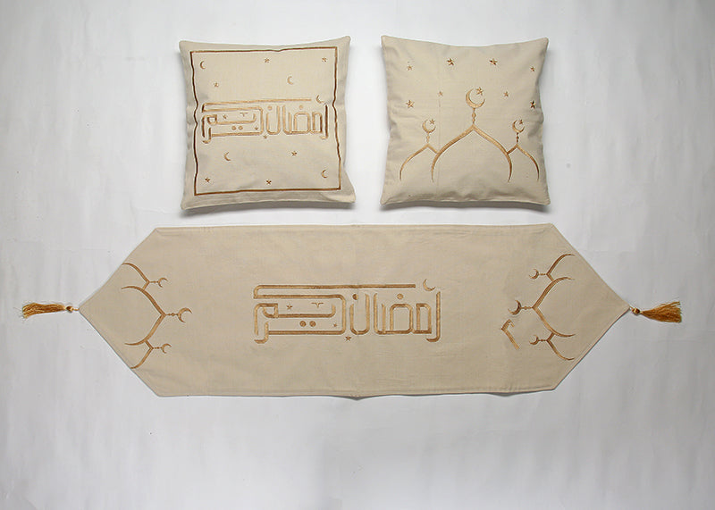 Mosque Gold Embroidery Table Runner & Cushions