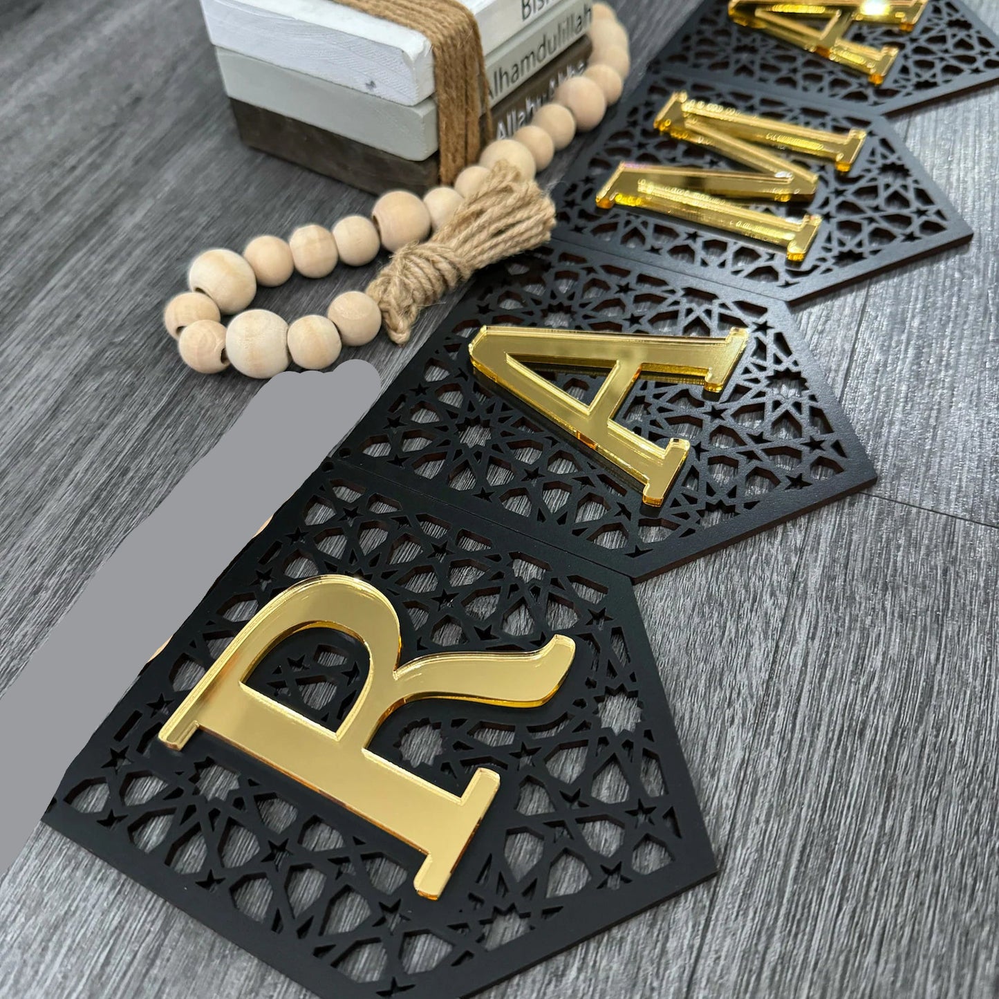 Gold & Black Ramadan Mubarak Wooden Banner