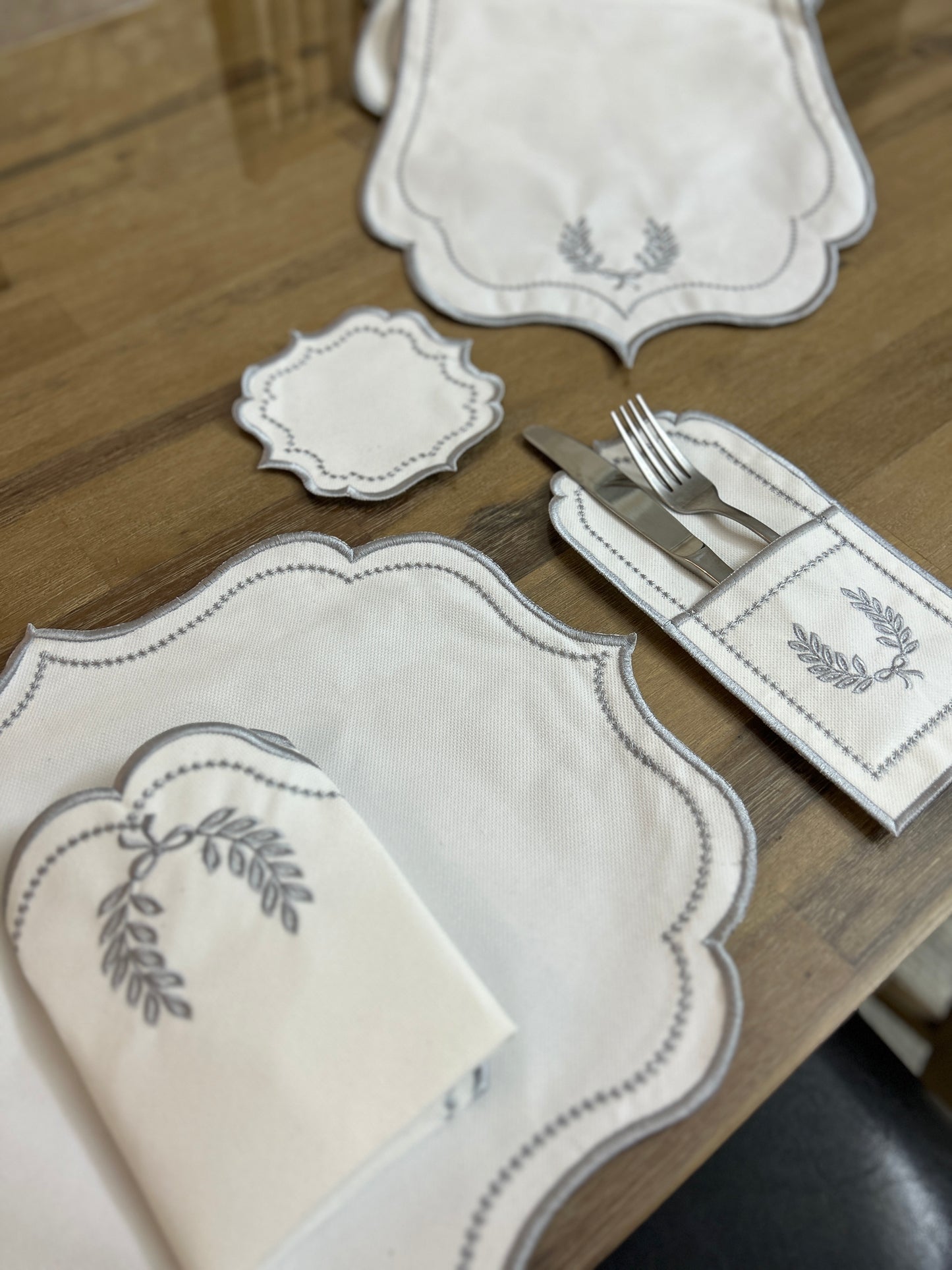 Royal Silver Embroidered Placemats & Napkins Set, Dinner Set