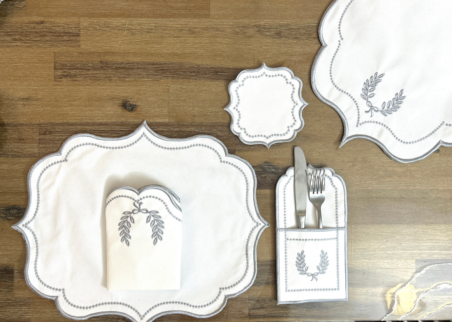 Royal Silver Embroidered Placemats & Napkins Set, Dinner Set