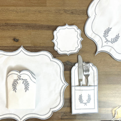 Royal Silver Embroidered Placemats & Napkins Set, Dinner Set