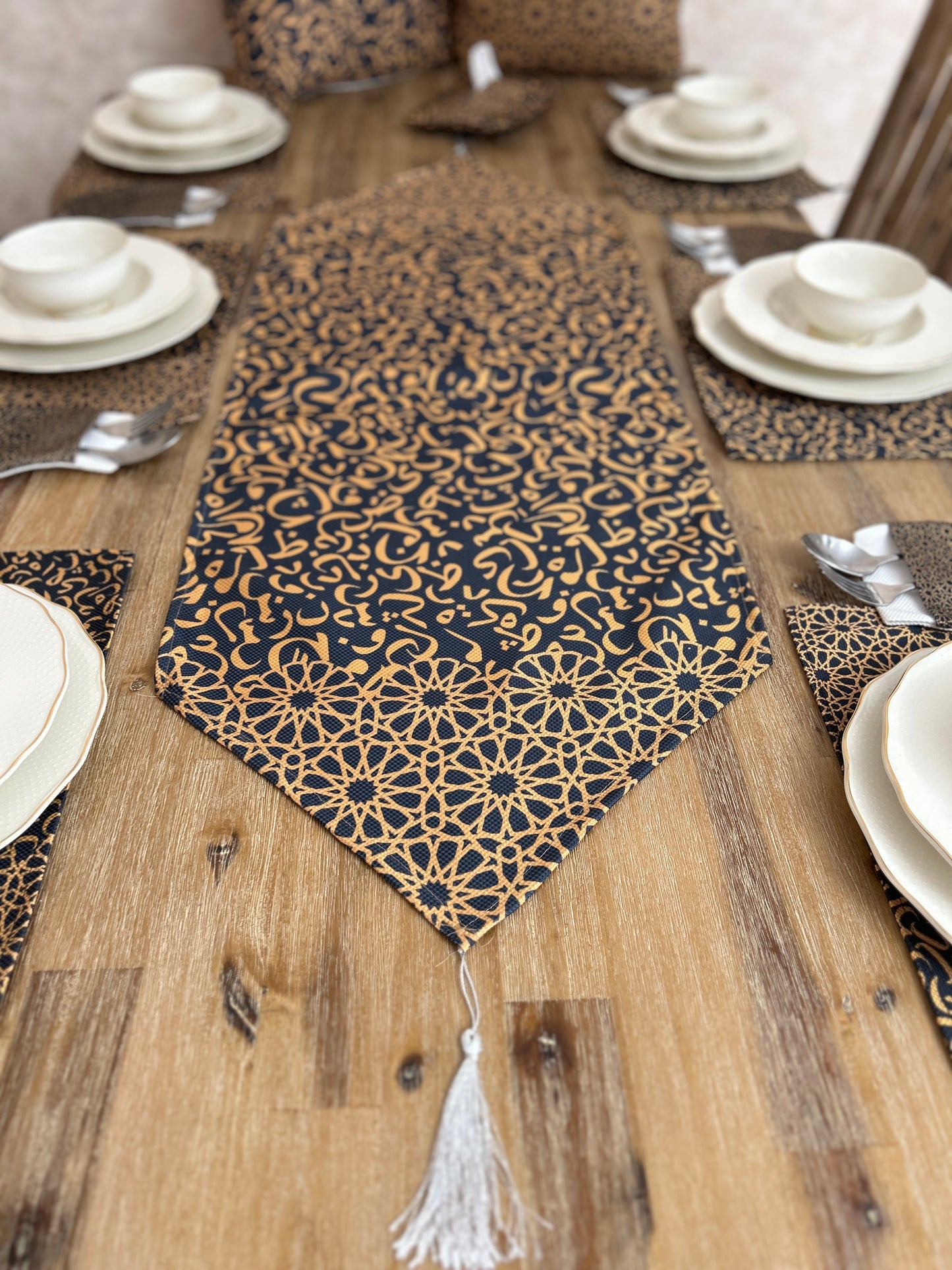 Navy Blue Arabic Koufi Table Runner Set