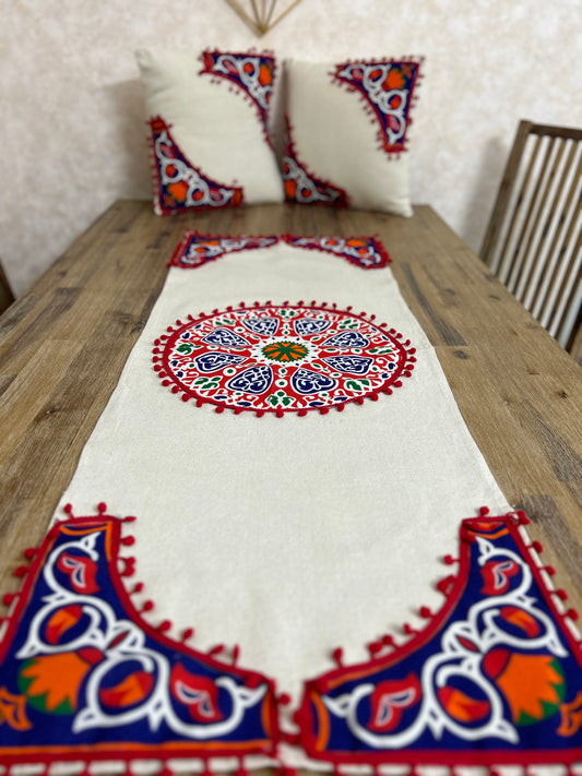 Red Khayamiyah Table Runner with cushions